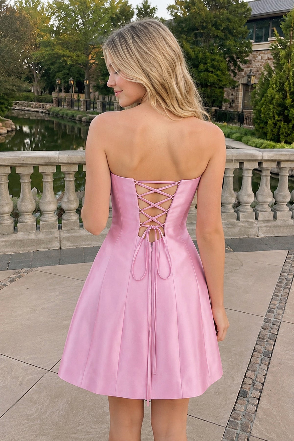 Candy Pink Rhinestones Satin Strapless A-Line Homecoming Dress