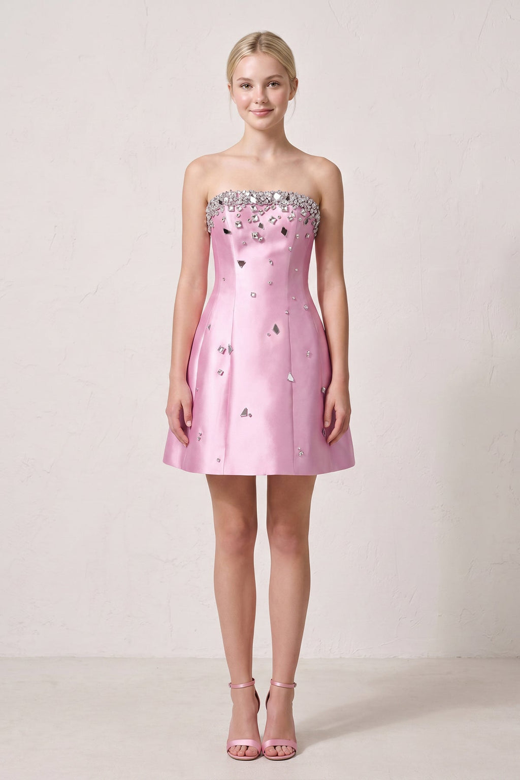 Candy Pink Rhinestones Satin Strapless A-Line Homecoming Dress