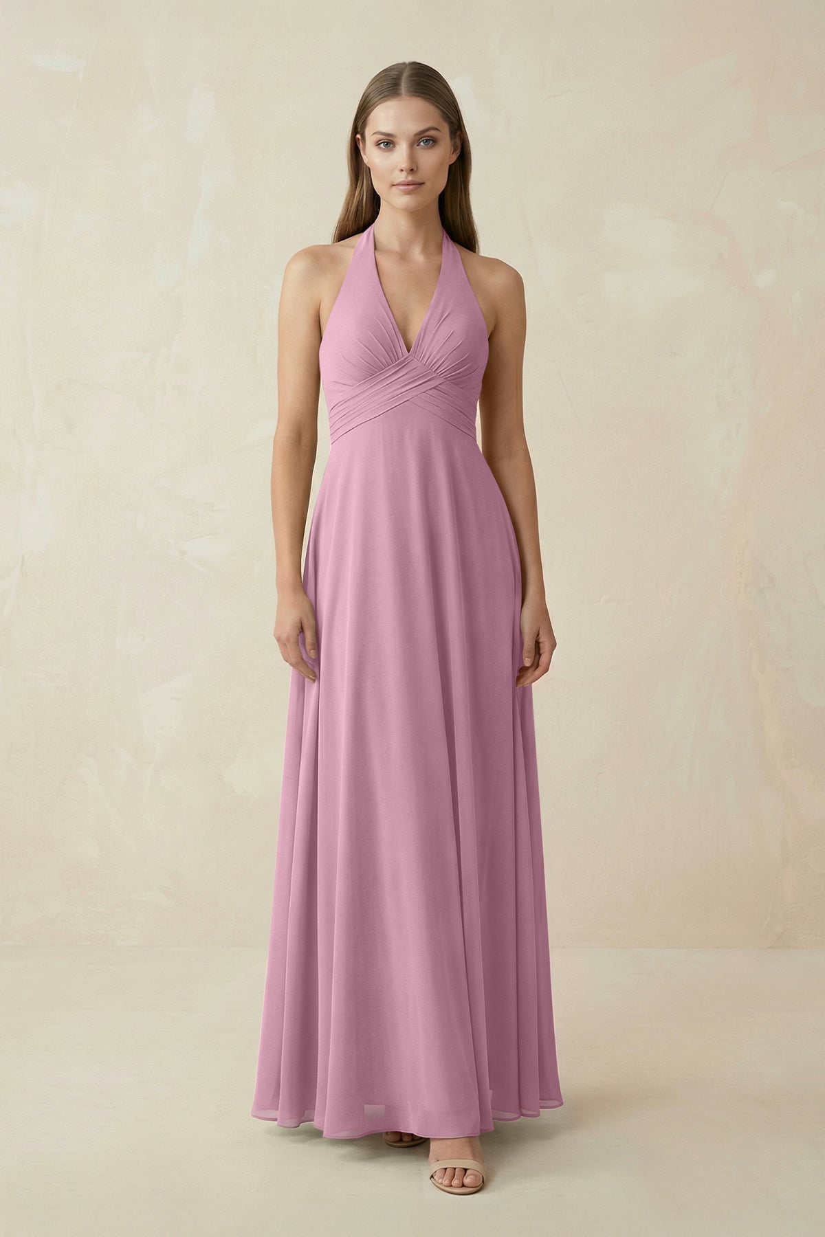 A-Line Pleated Chiffon V-Neck Bridesmaid Dress in Vintage Mauve