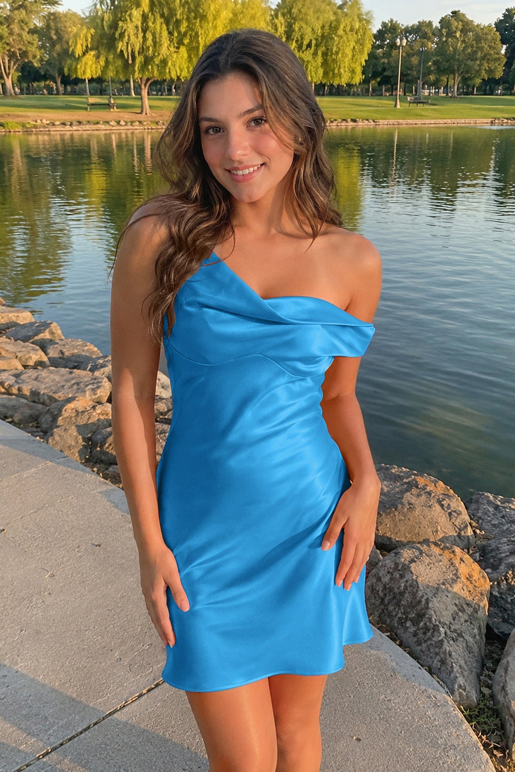 Aqua One-Shoulder Satin Ruched Sheath Homecoming Dress