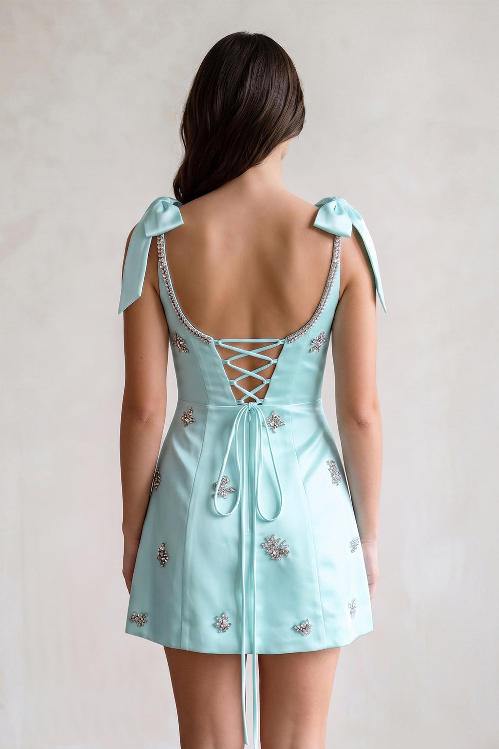 White Scoop Neck A-Line Satin Beaded Homecoming Dress with Bow