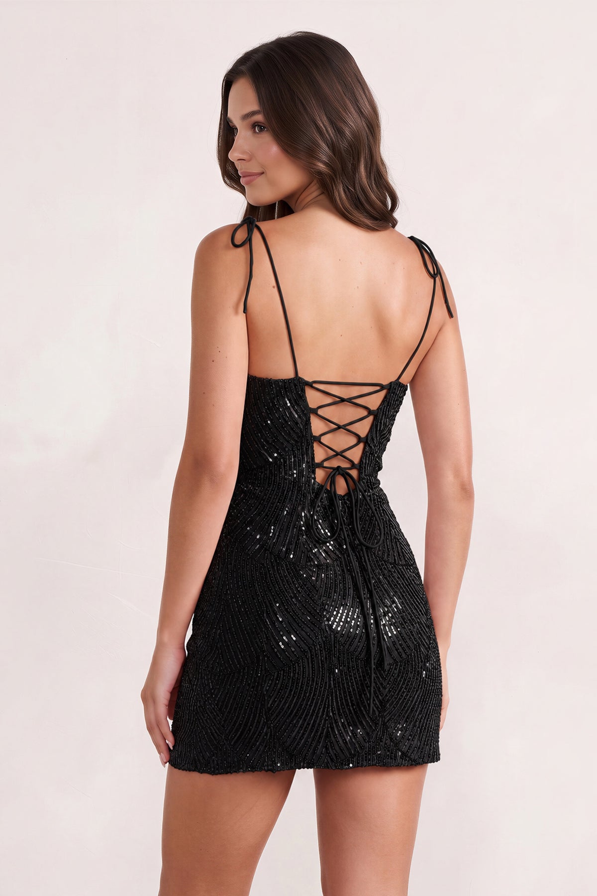Pink Sparkly Sequin Sheath Bow Spaghetti Straps Homecoming Dress