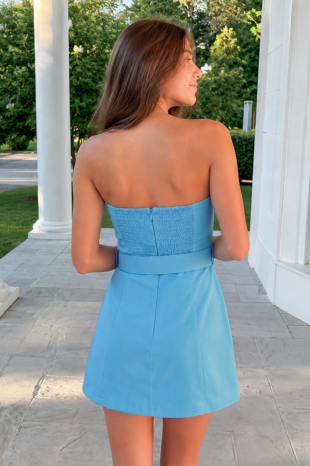 Aqua Strapless Sheath Satin Homecoming Dress with Belt