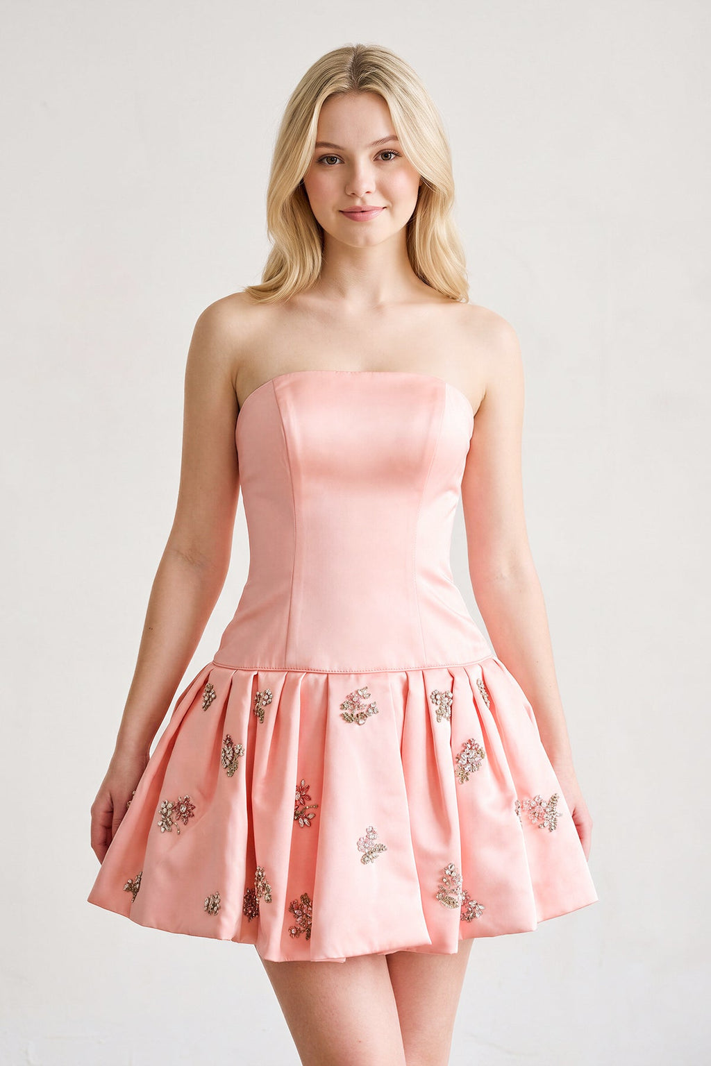 Blush Strapless A-Line Ruched Satin Appliqued Homecoming Dress