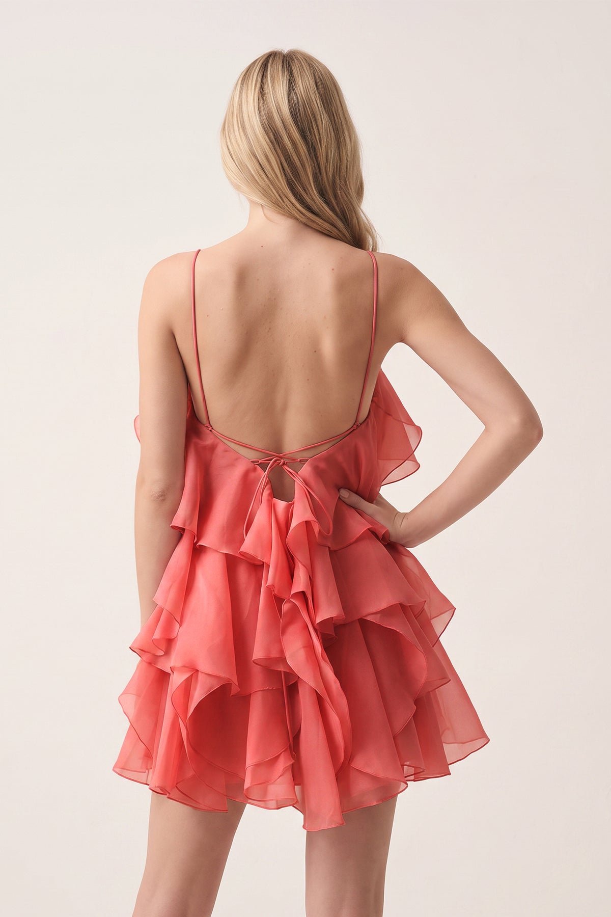 Coral Pink Ruffled Chiffon Halter Asymmetrical A-Line Homecoming Dress