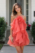 Coral Pink Ruffled Chiffon Halter Asymmetrical A-Line Homecoming Dress