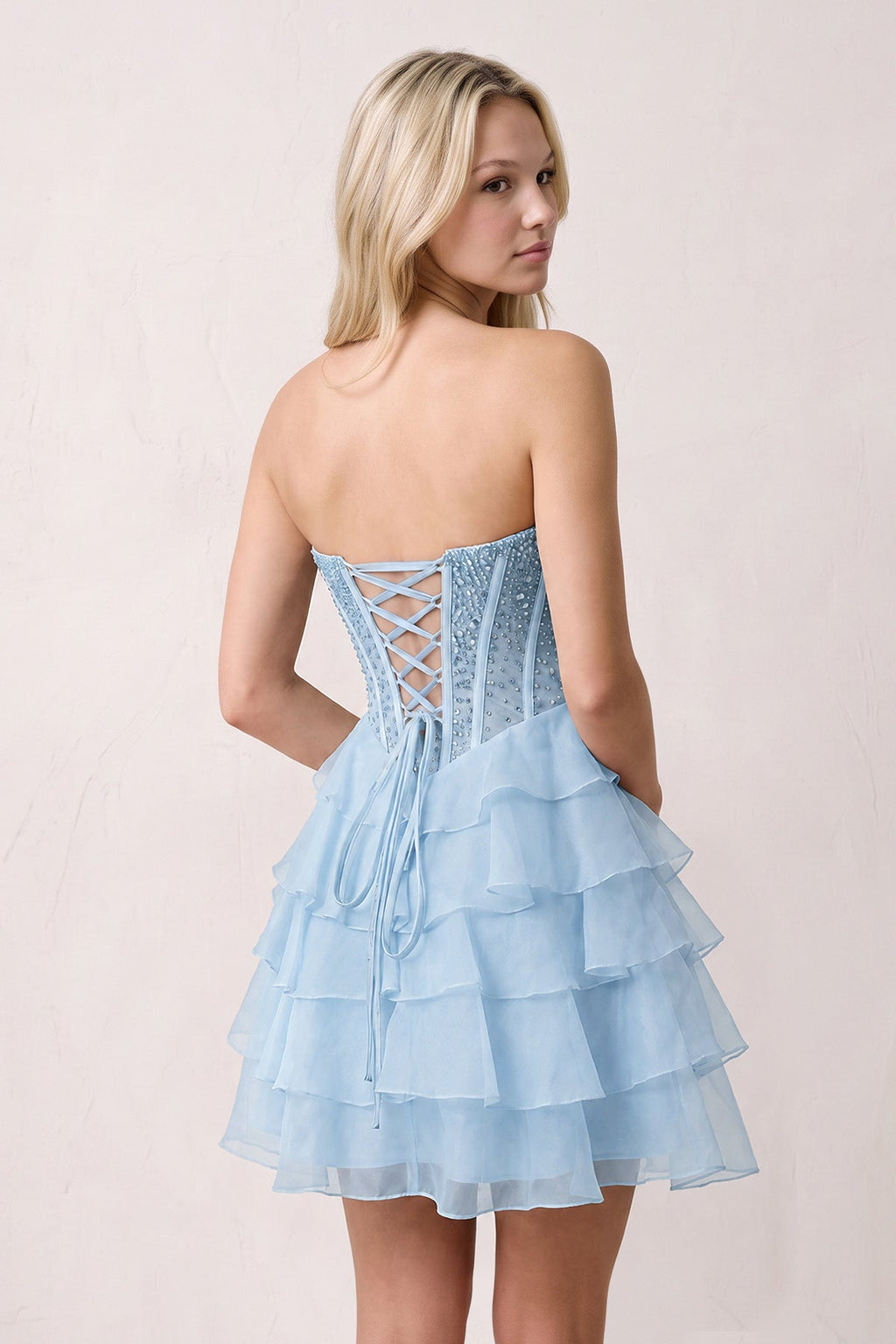 Coral Pink Sweetheart Tiered Ruffled A-Line Corset Chiffon Homecoming Dress