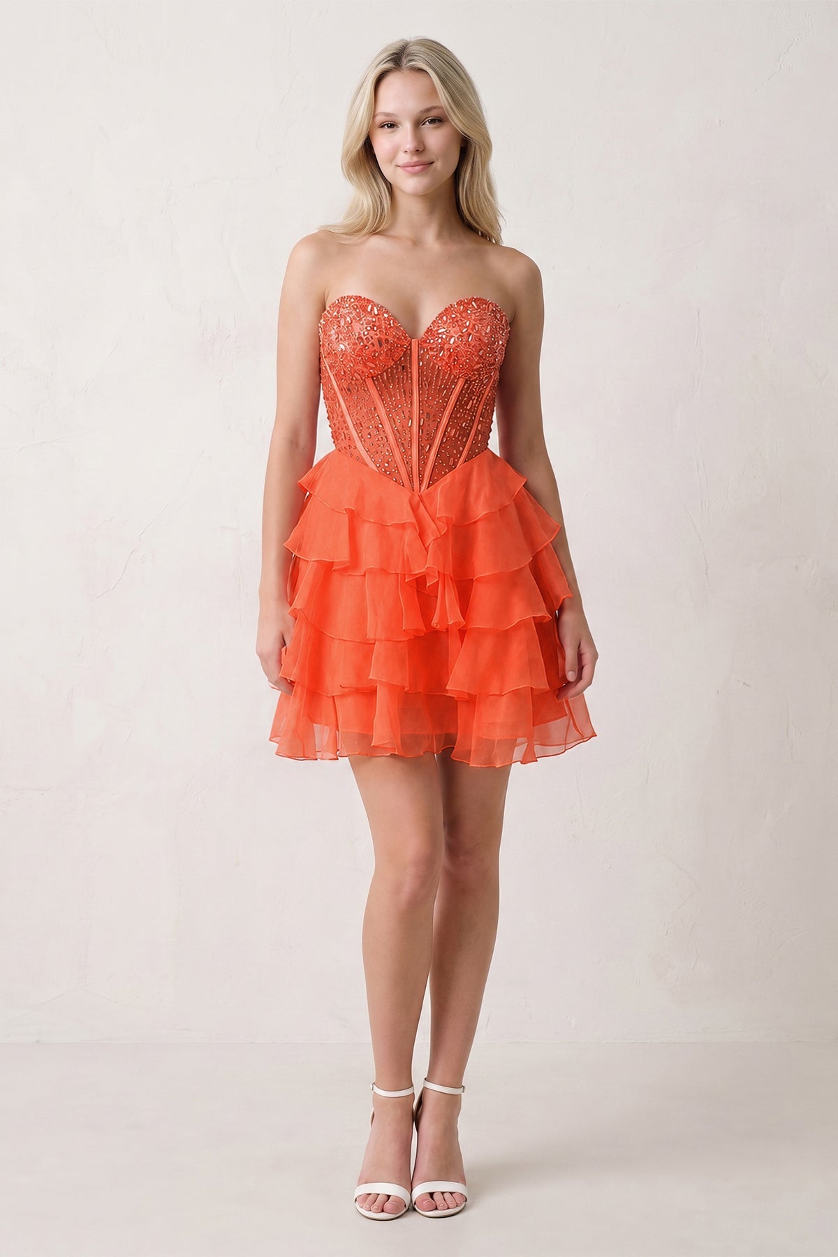 Coral Pink Sweetheart Tiered Ruffled A-Line Corset Chiffon Homecoming Dress