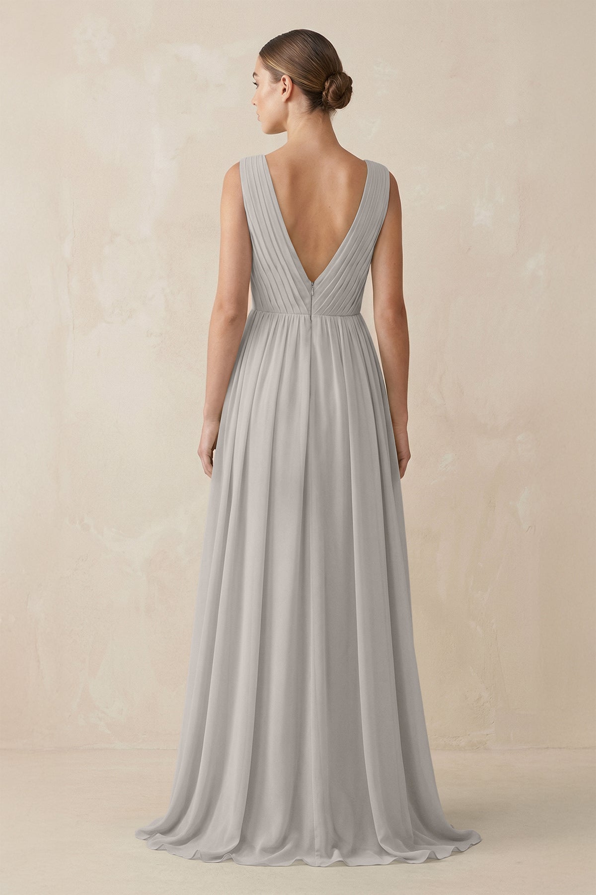 V-Neck Pleated A-Line Chiffon Bridesmaid Dress in Silver