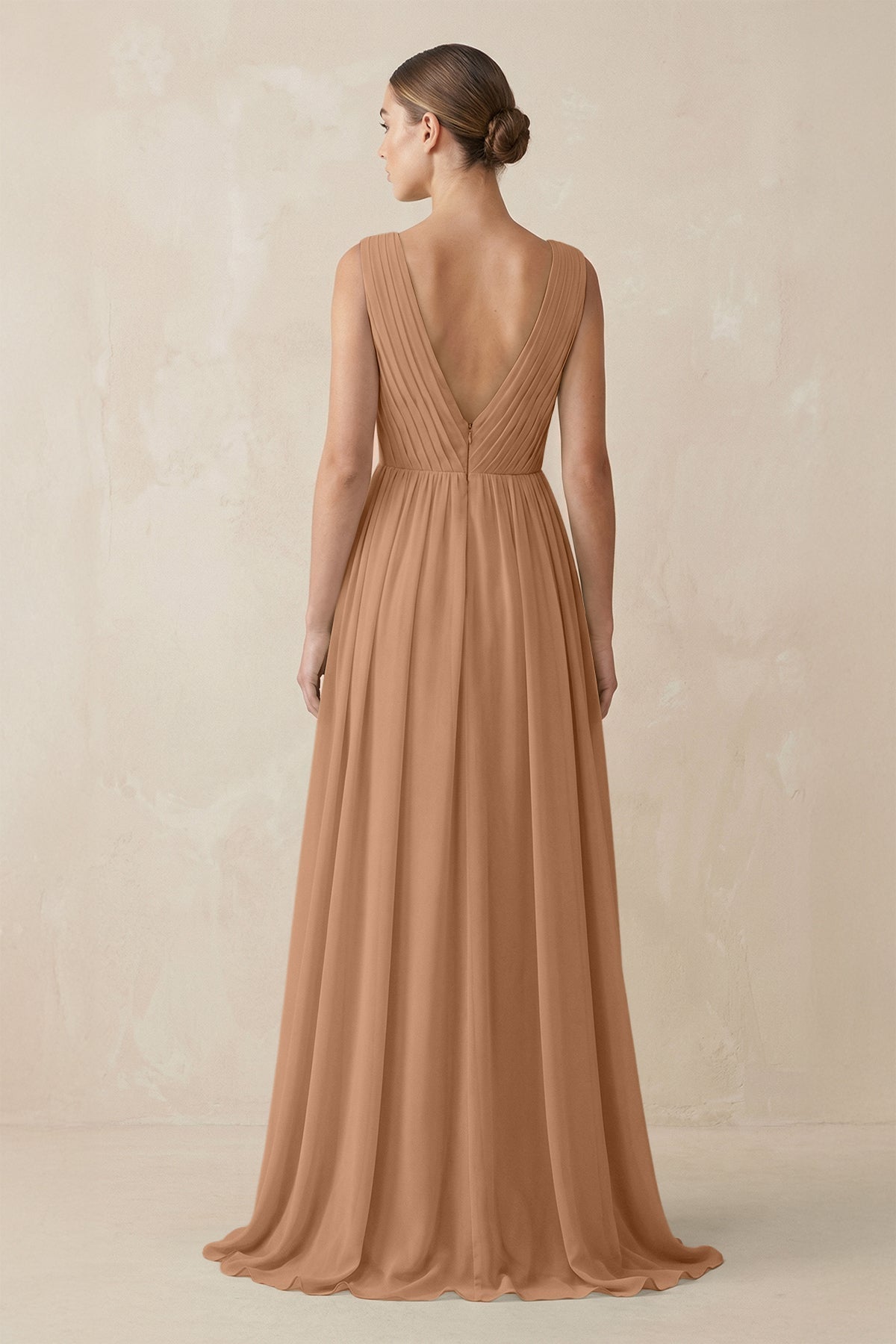 V-Neck Pleated A-Line Chiffon Bridesmaid Dress in Bronzer