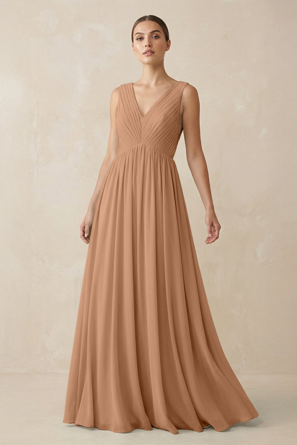 V-Neck Pleated A-Line Chiffon Bridesmaid Dress in Bronzer