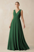 V-Neck Pleated A-Line Chiffon Bridesmaid Dress in Dark Green