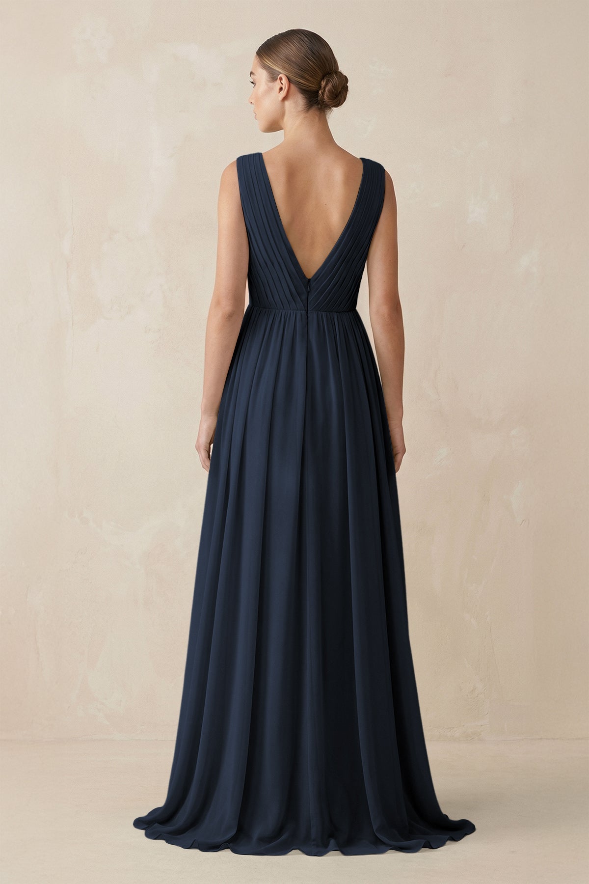 V-Neck Pleated A-Line Chiffon Bridesmaid Dress in Dark Navy