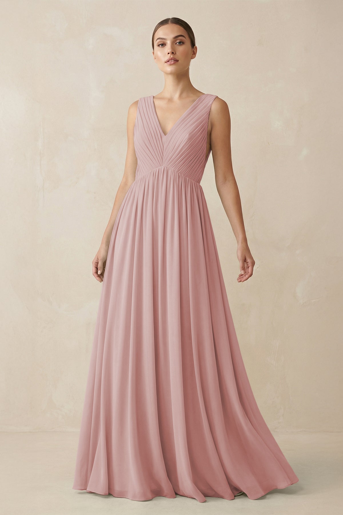 V-Neck Pleated A-Line Chiffon Bridesmaid Dress in Dusty Rose