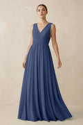 V-Neck Pleated A-Line Chiffon Bridesmaid Dress in Navy