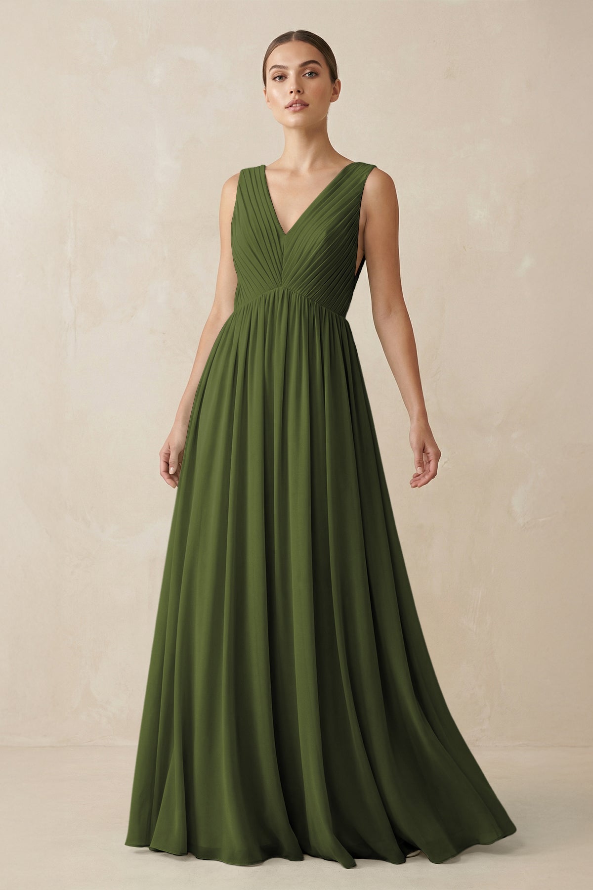 V-Neck Pleated A-Line Chiffon Bridesmaid Dress in Olive
