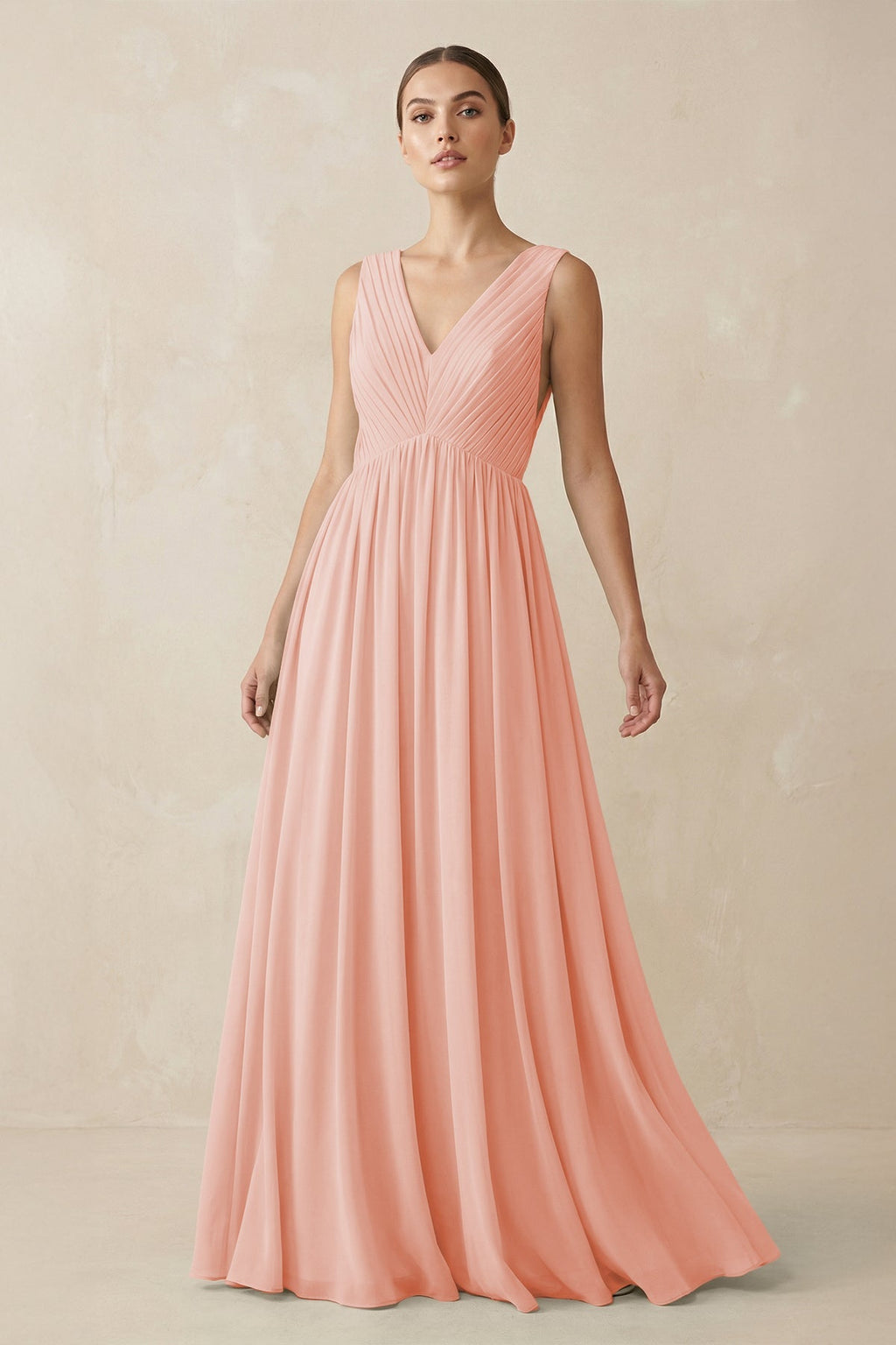 V-Neck Pleated A-Line Chiffon Bridesmaid Dress in Rose Petal