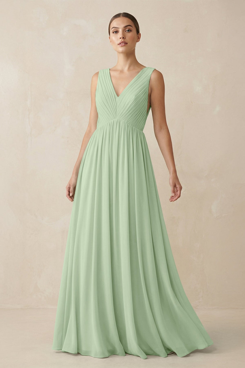 V-Neck Pleated A-Line Chiffon Bridesmaid Dress in Sage