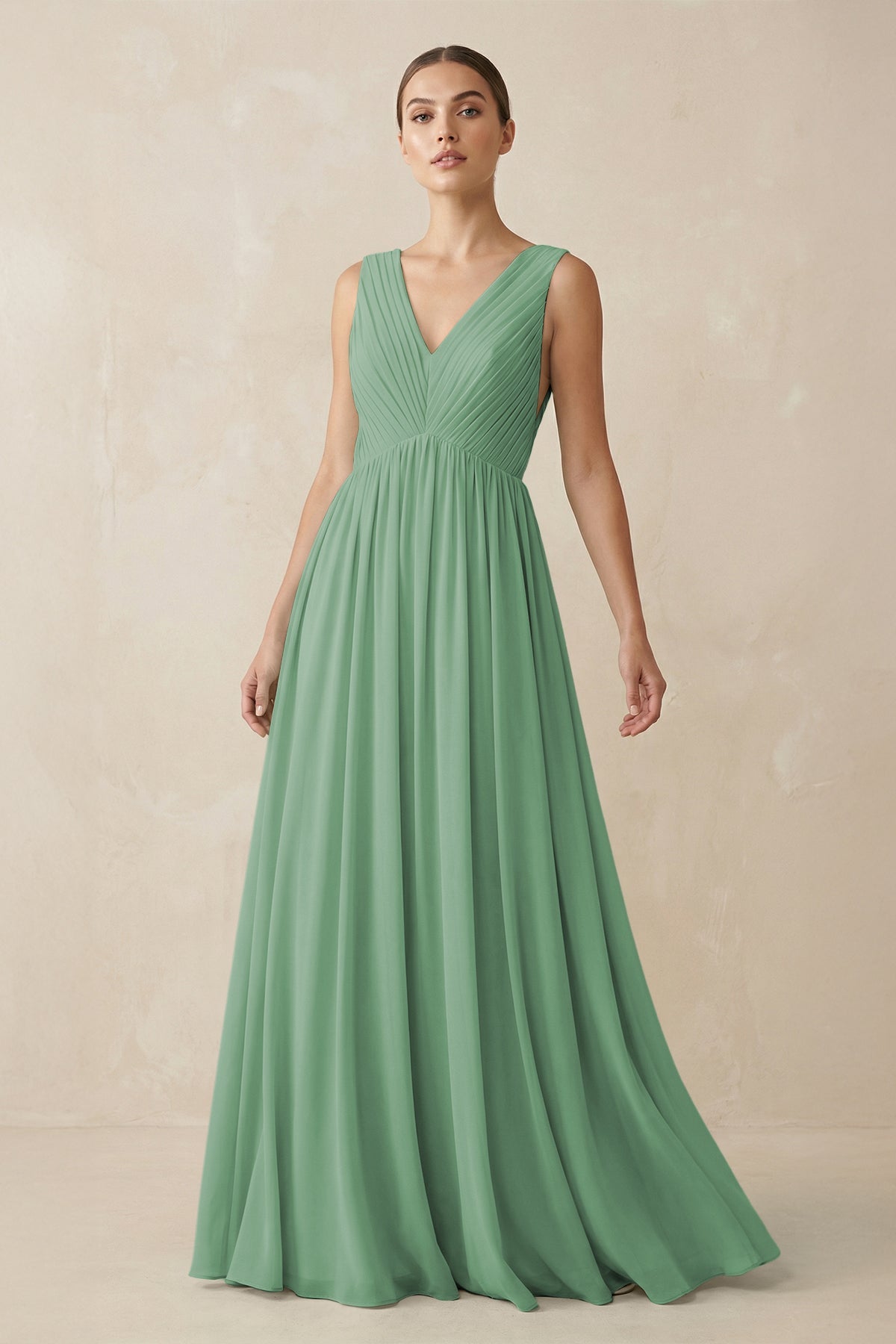 V-Neck Pleated A-Line Chiffon Bridesmaid Dress in Sea Glass