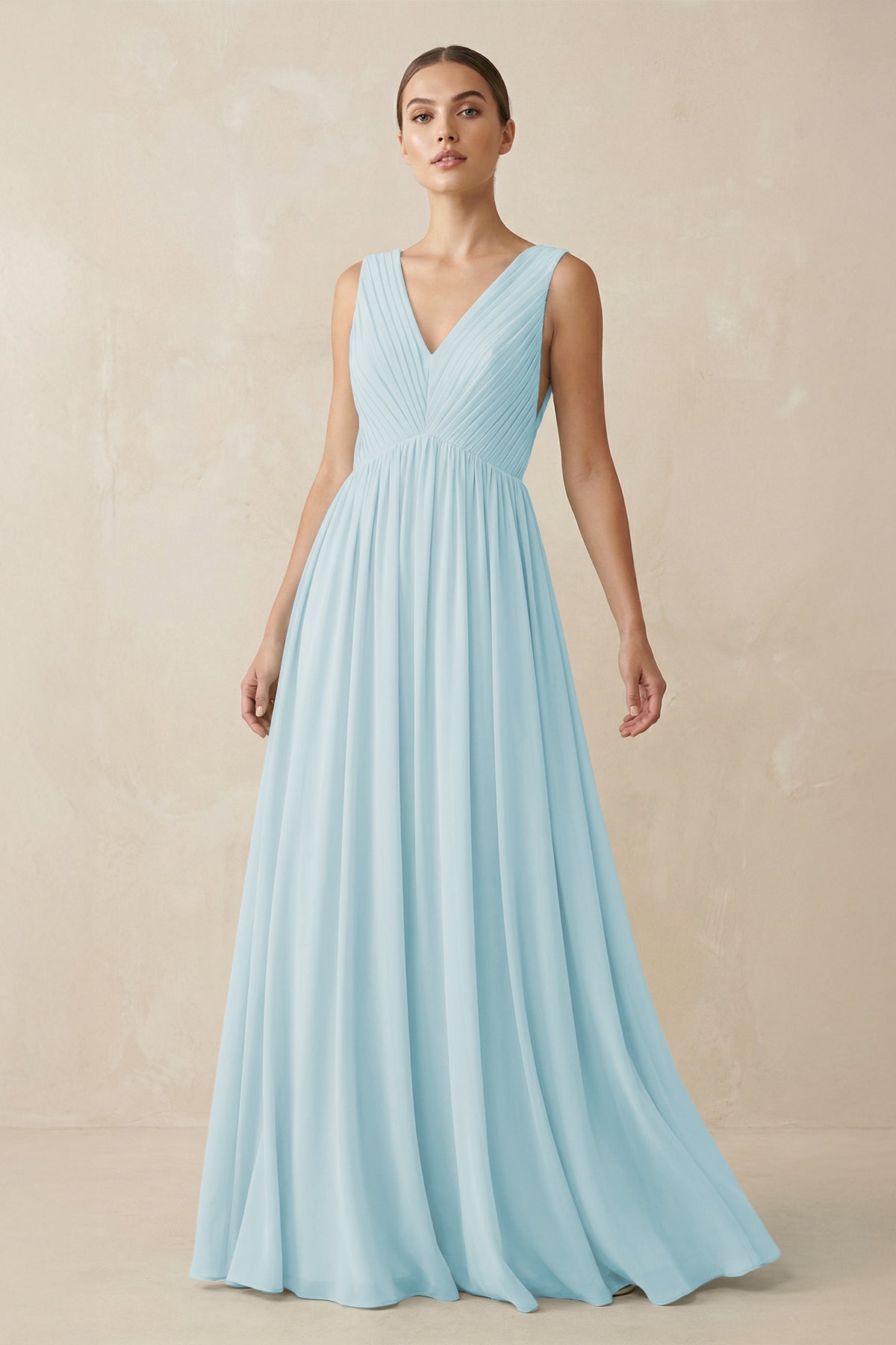 V-Neck Pleated A-Line Chiffon Bridesmaid Dress in Sky Blue