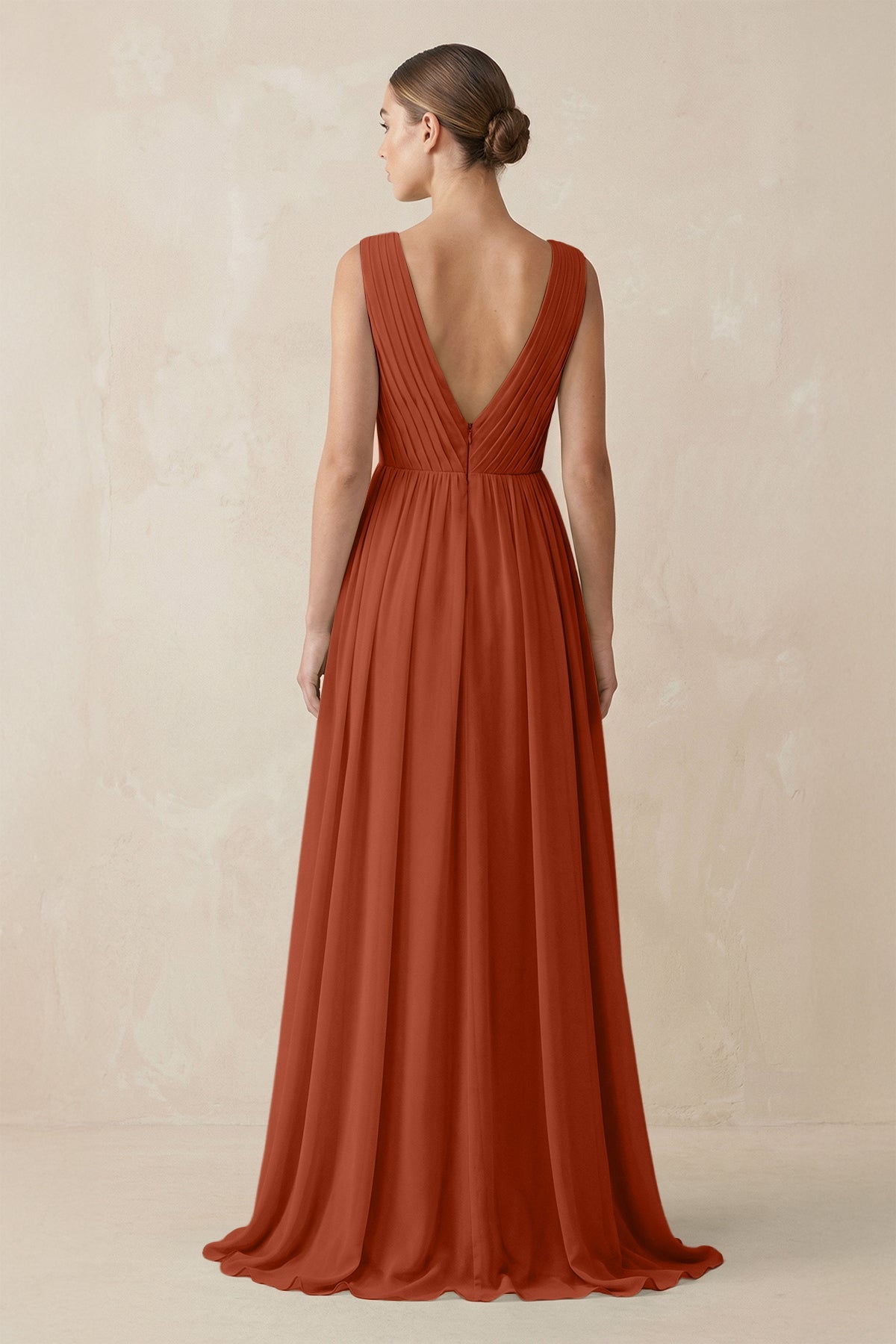 V-Neck Pleated A-Line Chiffon Bridesmaid Dress in Spice