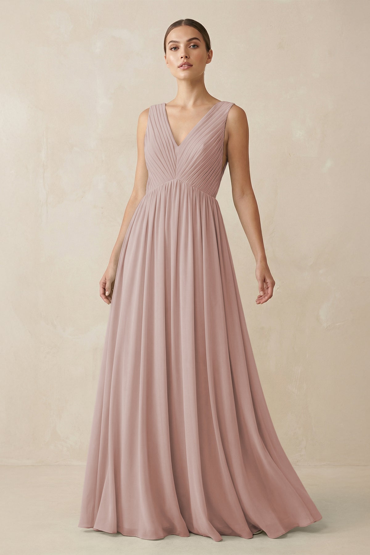 V-Neck Pleated A-Line Chiffon Bridesmaid Dress in Toffee