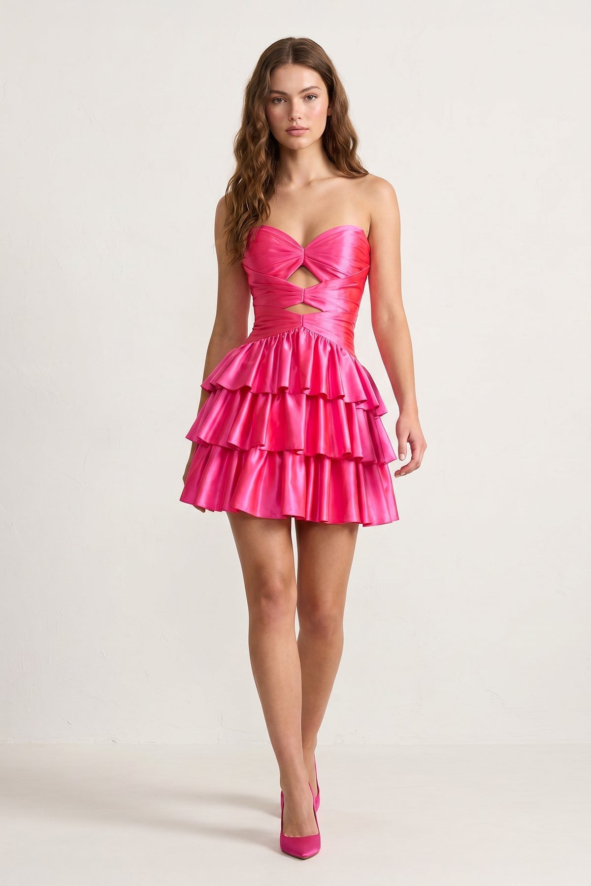 Fuchsia Sweetheart Ruffled A-Line Cut-Out Satin Homecoming Dress