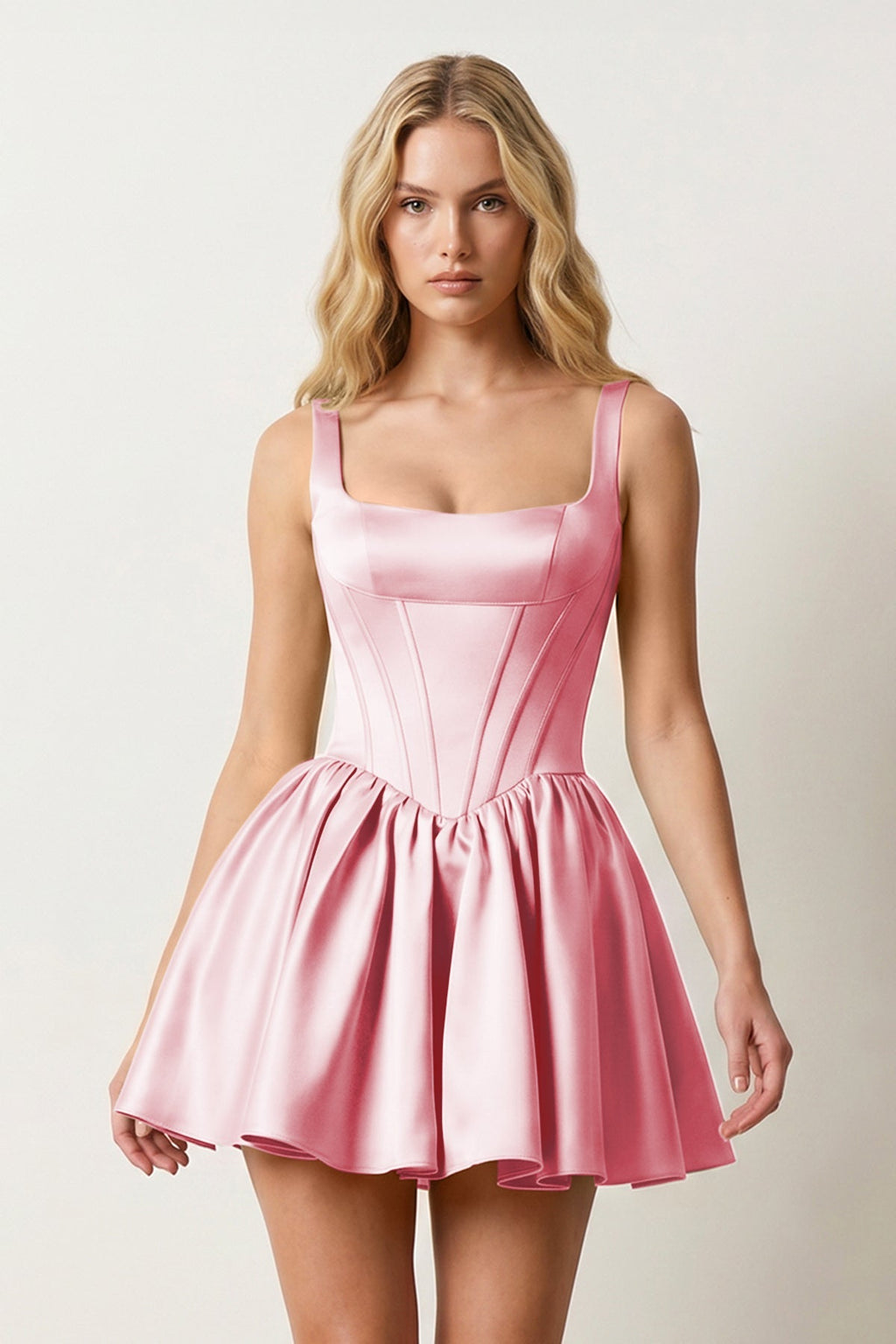 Green Square Neck Satin Ruched A-Line Corset Homecoming Dress