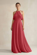 Halter Neck A-Line Chiffon Bridesmaid Dress with Keyhole in Merlot
