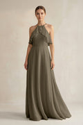 Halter Neck A-Line Chiffon Bridesmaid Dress with Keyhole in Willow Green