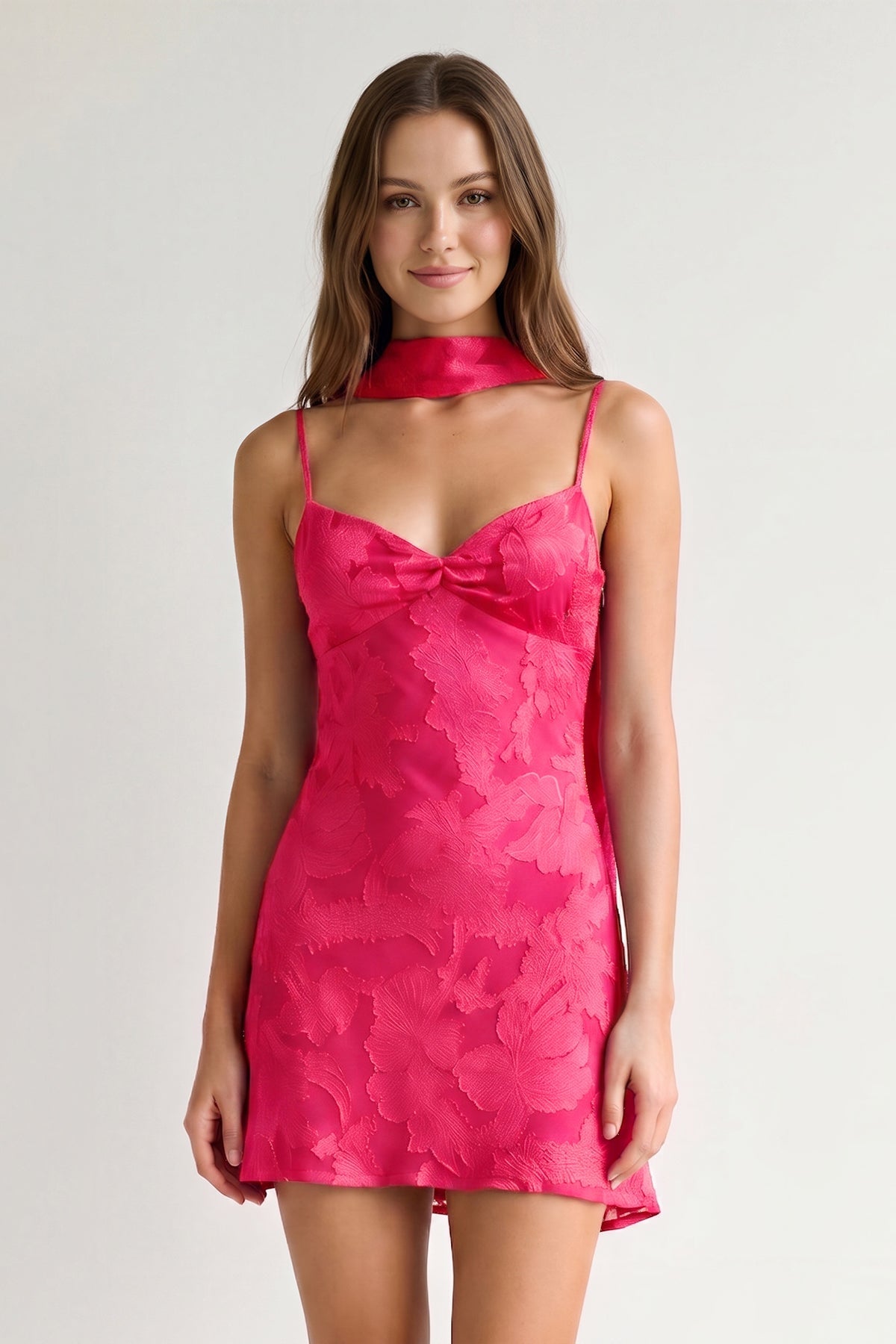 Red Jacquard Chiffon Cami Straps Sheath Homecoming Dress with Scarf