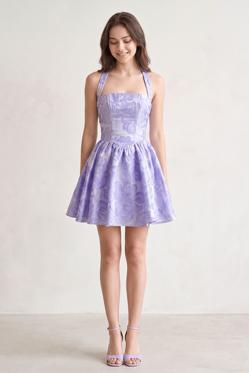 Yellow Halter Jacquard Ruched A-Line Homecoming Dress
