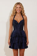 Navy Blue Halter Ruffled A-Line Corset Homecoming Dress With Beading