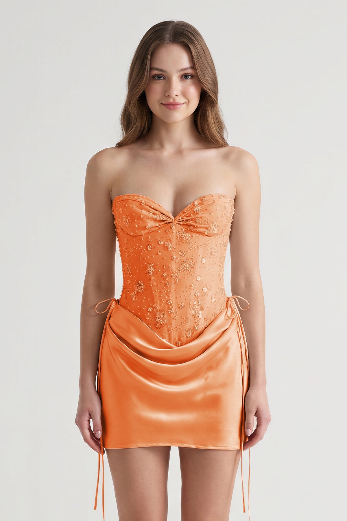 Pink Sweetheart Sheath Corset Ruched Satin Homecoming Dress with Beading