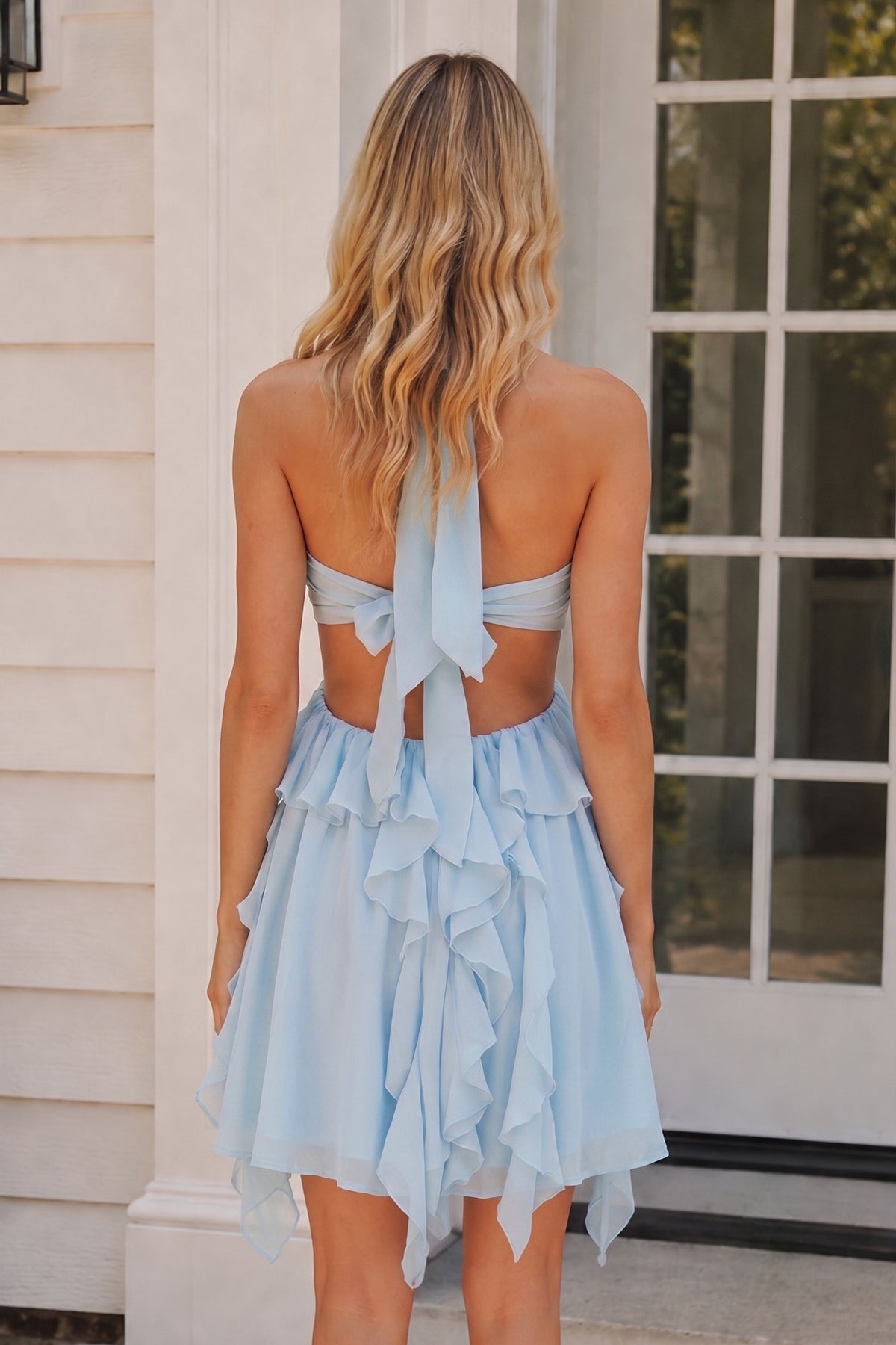 Pink Halter Ruffled A-Line Cut-Out Chiffon Homecoming Dress with 3D Flower