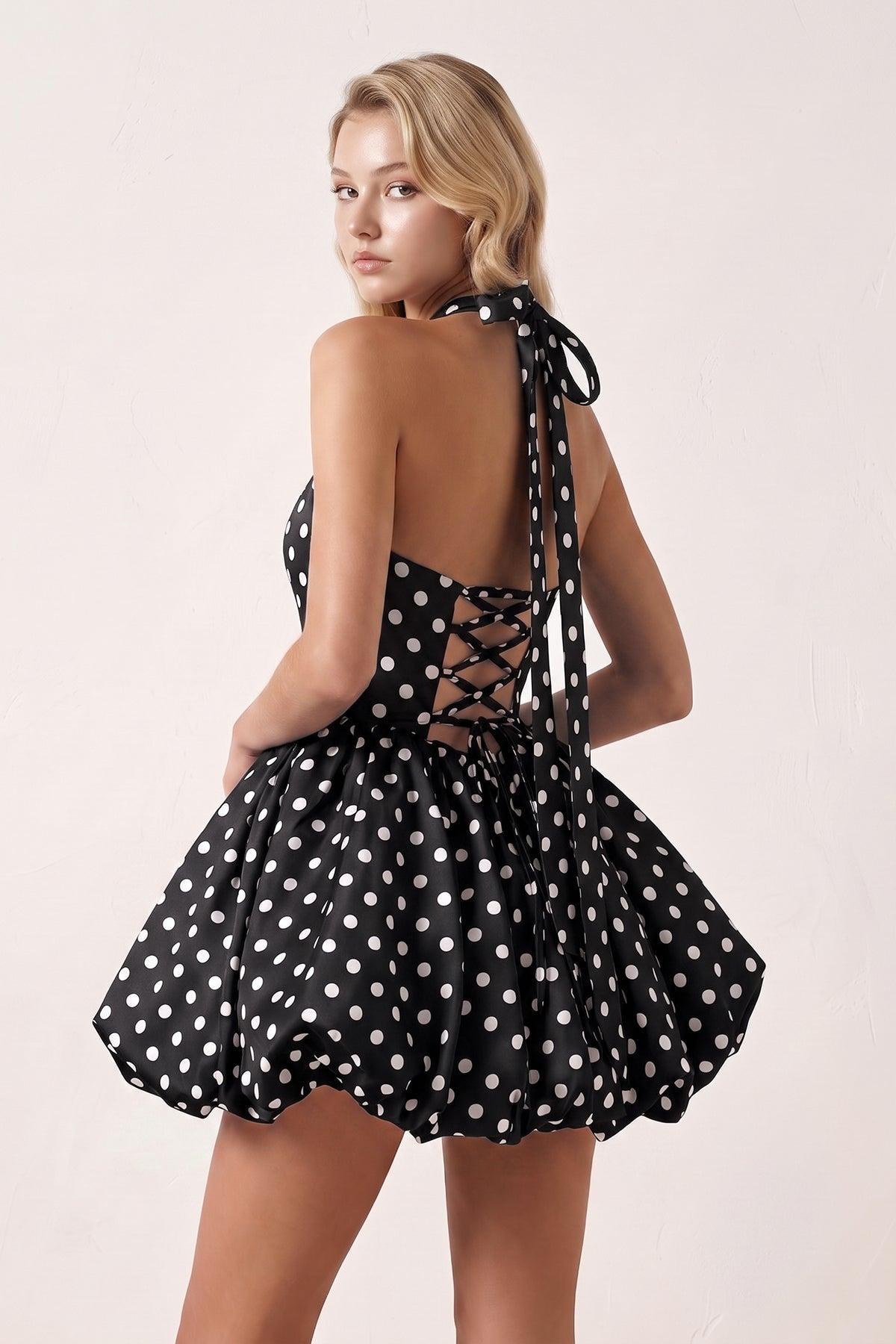 Pink Polka Dots Halter Satin Bubble Hem A-Line Homecoming Dress