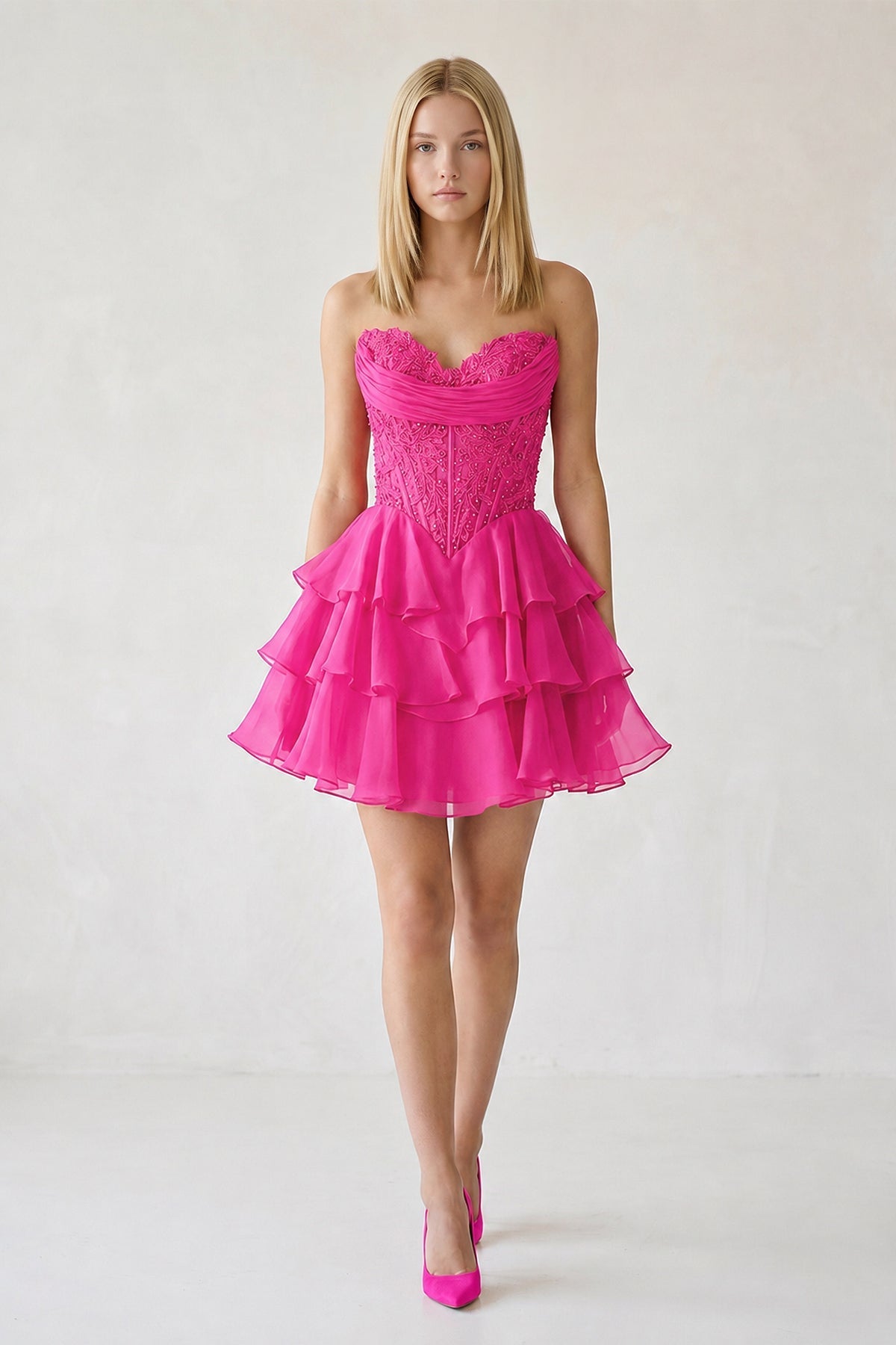 Red Ruffled A-Line Chiffon Sweetheart Corset Homecoming Dress With Beading