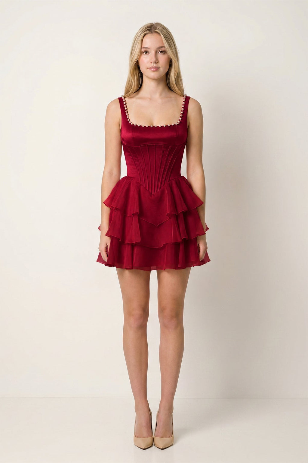 Rose Pink Square Neck Tiered A-Line Corset Satin Homecoming Dress With Pearl