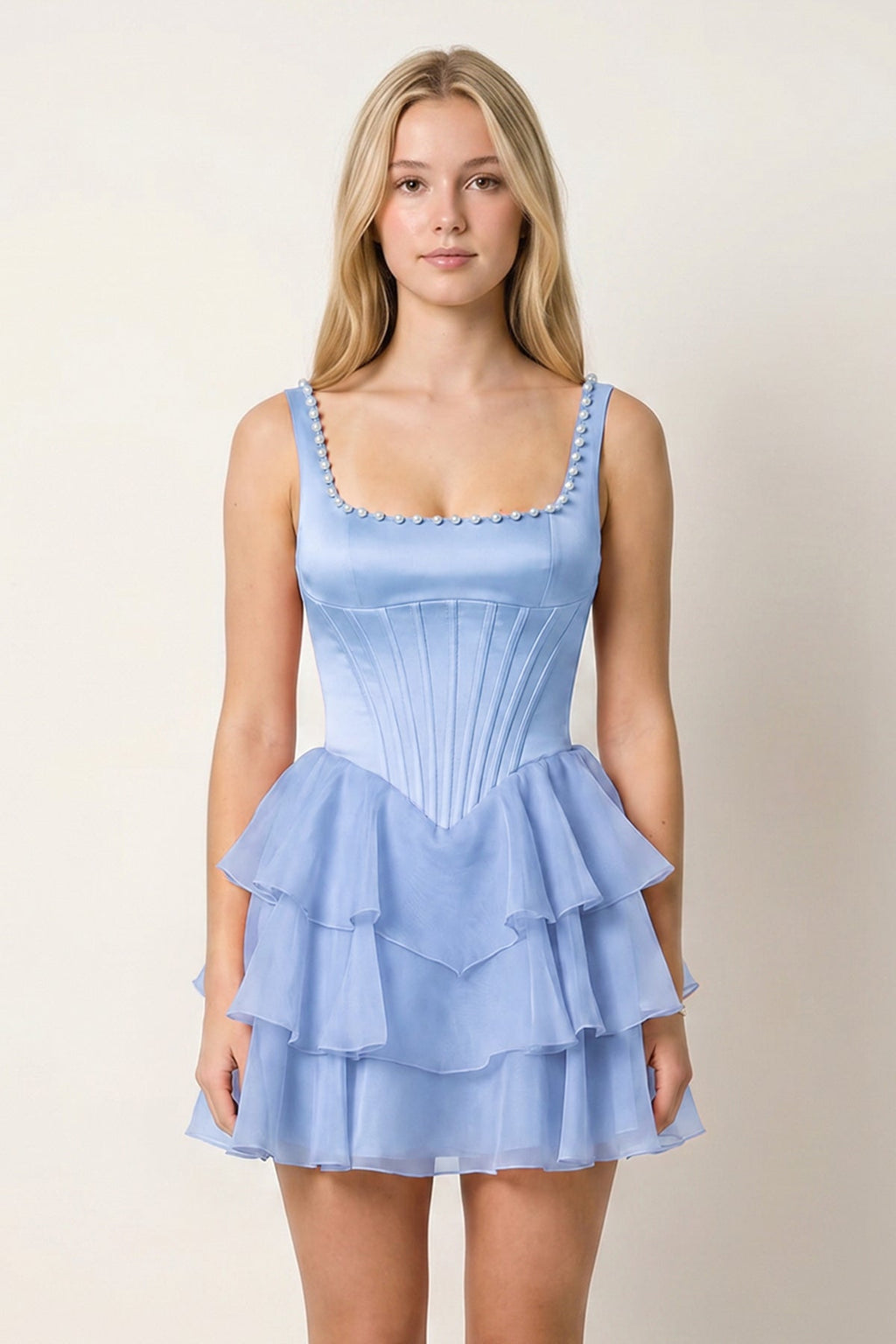 Rose Pink Square Neck Tiered A-Line Corset Satin Homecoming Dress With Pearl