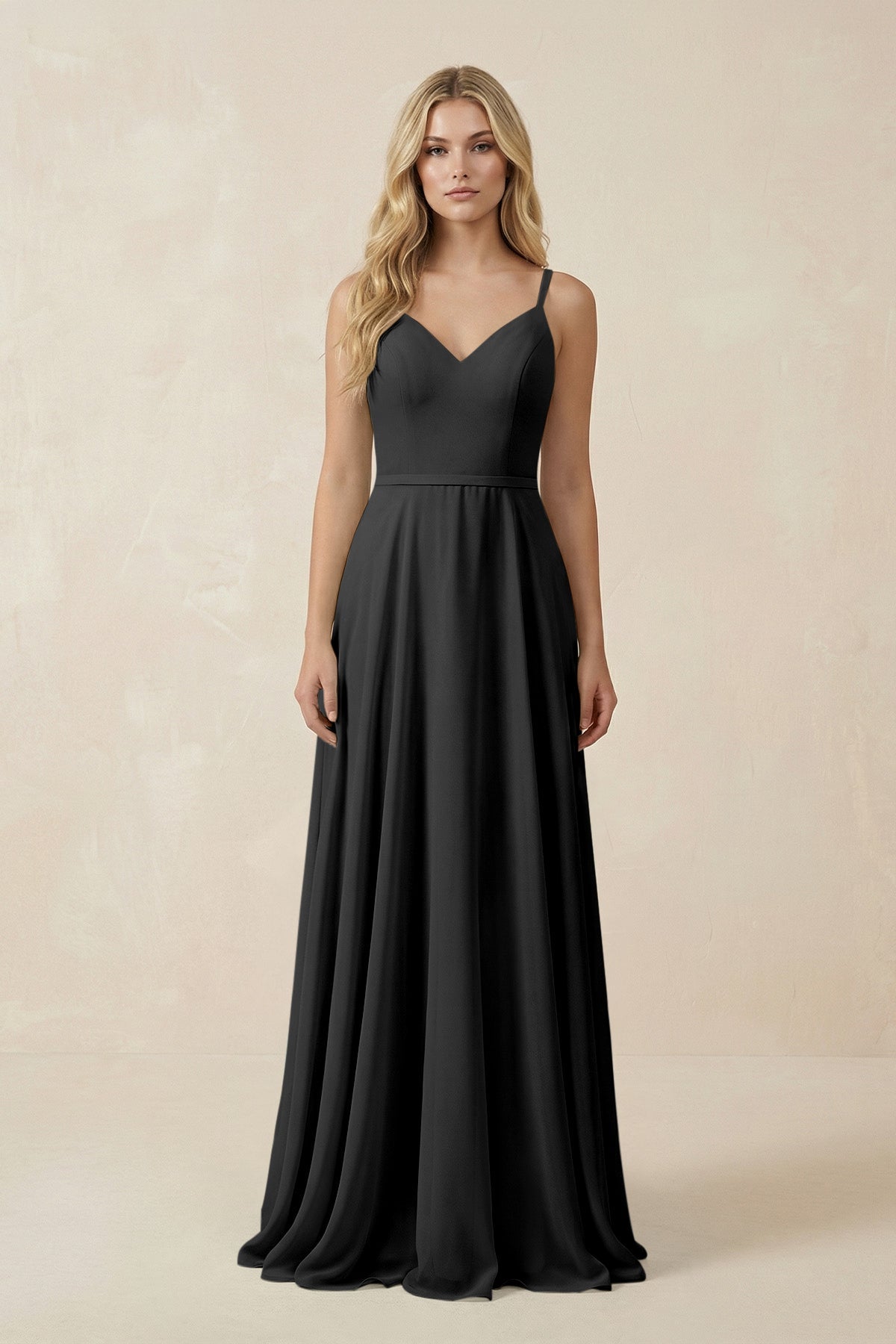V-Neck A-Line Chiffon Bridesmaid Dress with Crisscross Back in Black