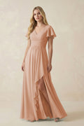V-Neck Flutter Sleeve A-Line Chiffon Bridesmaid Dress in Champagne Rose