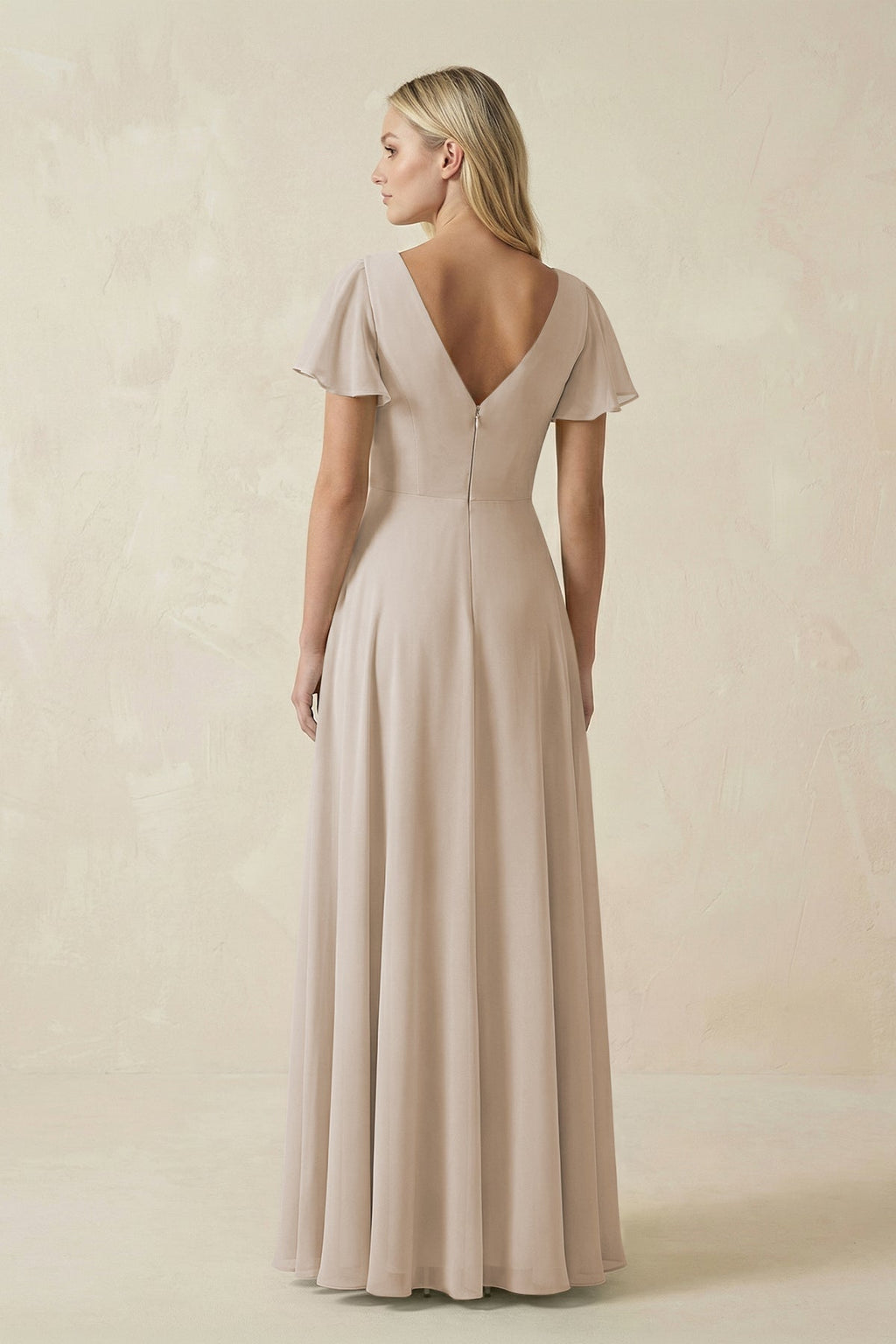 V-Neck Flutter Sleeve A-Line Chiffon Bridesmaid Dress in Frost