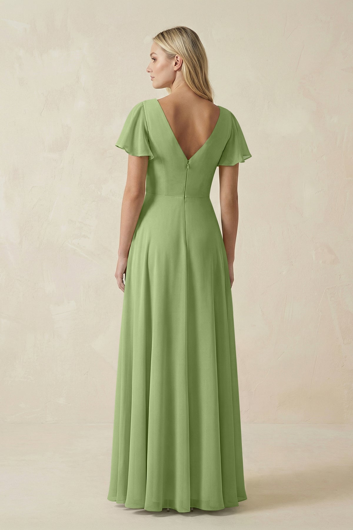 V-Neck Flutter Sleeve A-Line Chiffon Bridesmaid Dress in Matcha
