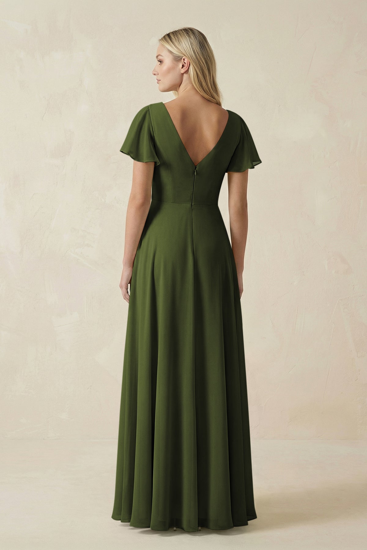 V-Neck Flutter Sleeve A-Line Chiffon Bridesmaid Dress in Olive