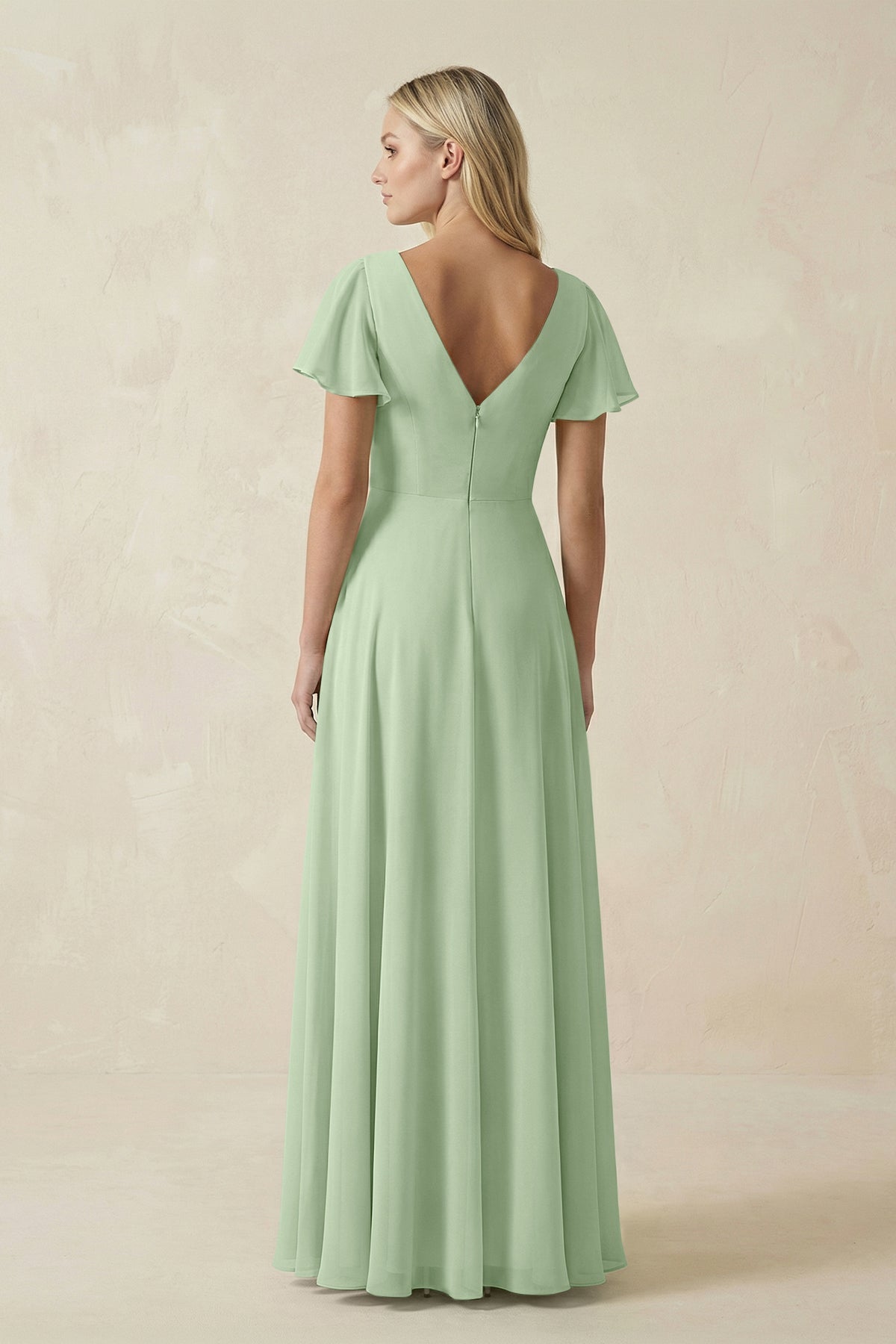 V-Neck Flutter Sleeve A-Line Chiffon Bridesmaid Dress in Sage