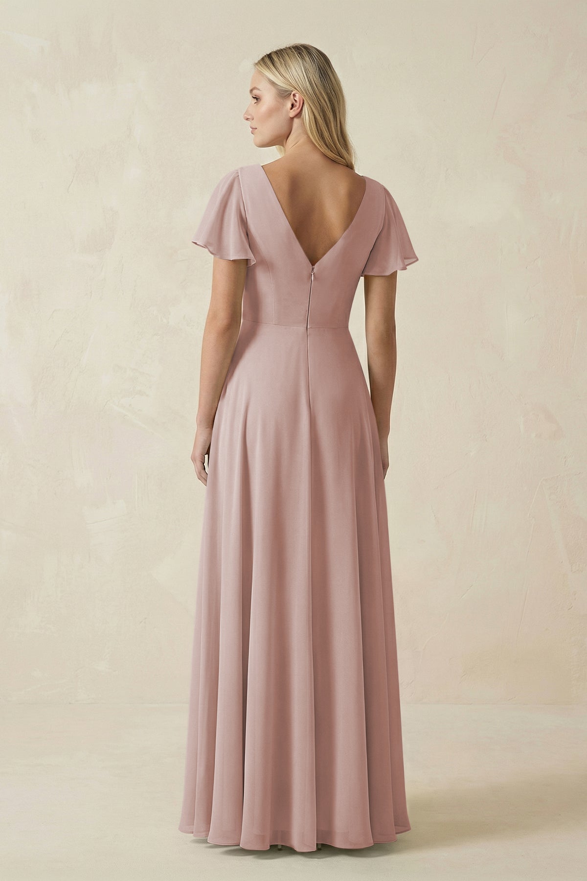 V-Neck Flutter Sleeve A-Line Chiffon Bridesmaid Dress in Toffee