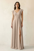 V-Neck Ruffled A-Line Chiffon Bridesmaid Dress in Almond