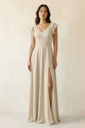 V-Neck Ruffled A-Line Chiffon Bridesmaid Dress in Champagne