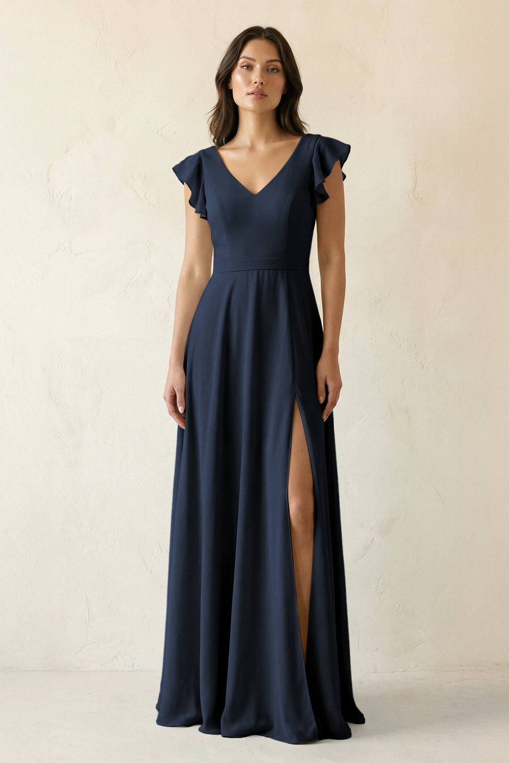 V-Neck Ruffled A-Line Chiffon Bridesmaid Dress in Dark Navy