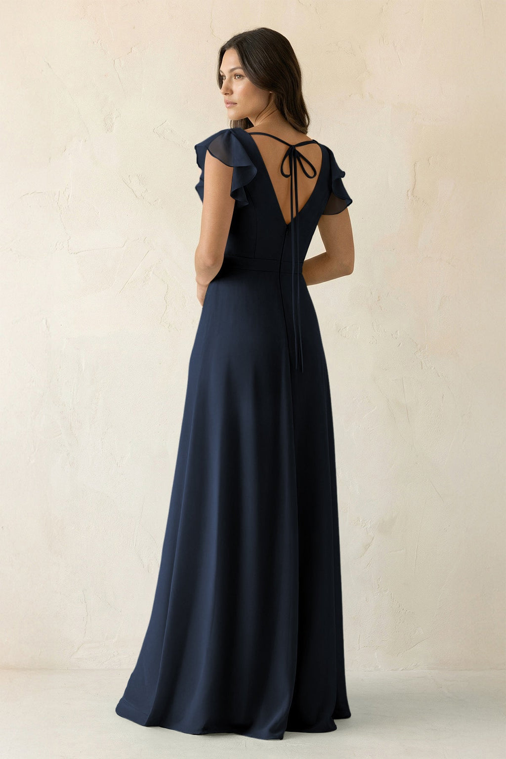 V-Neck Ruffled A-Line Chiffon Bridesmaid Dress in Dark Navy